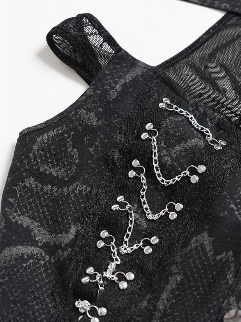 Ravenfall Chain Top Black lace Ravenfall chain top with silver chain detail and sheer mesh neckline