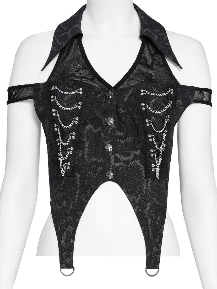 Ravenfall Chain Top Black gothic chain top with pointed hem, lace details, and cutout shoulders