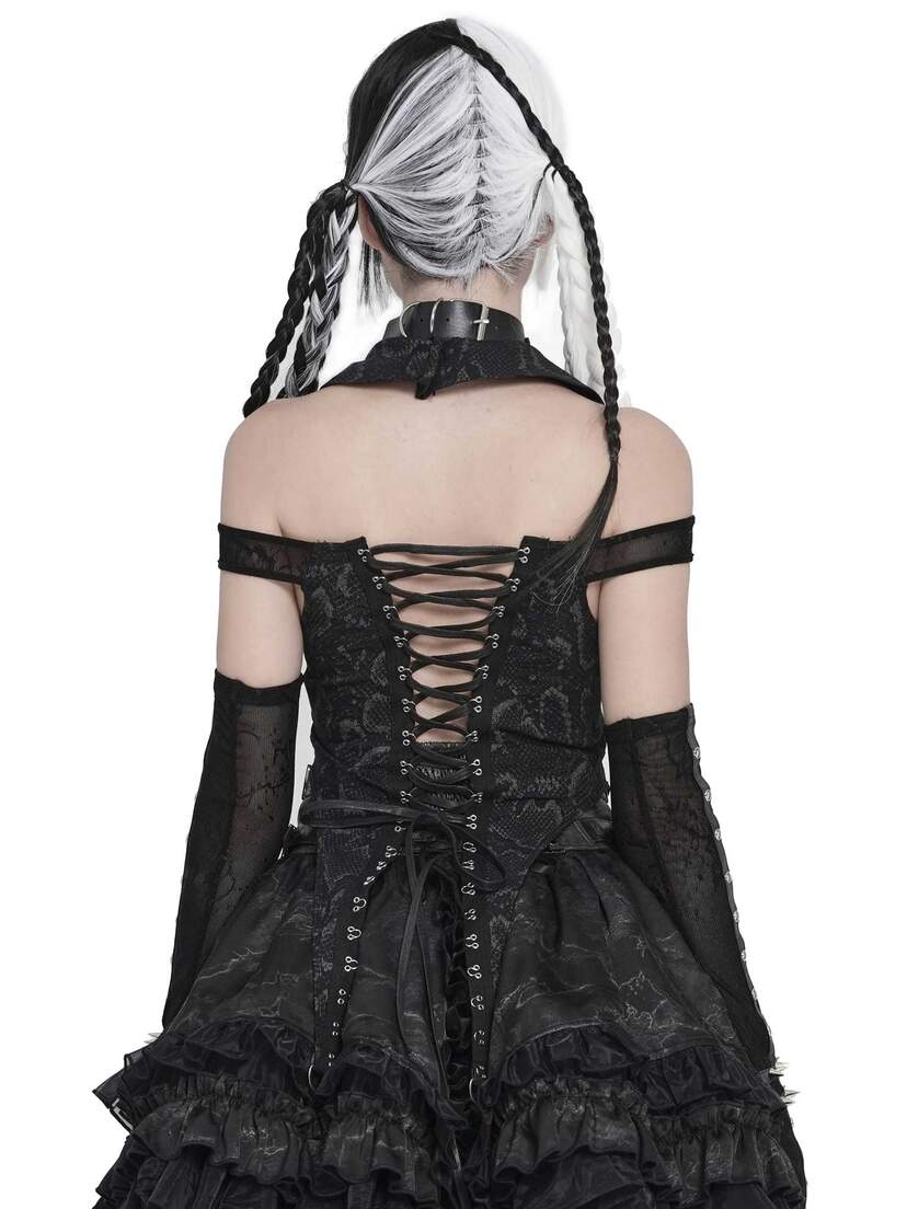 Ravenfall Chain Top Back view of a black gothic chain top with lace sleeves and corset lacing