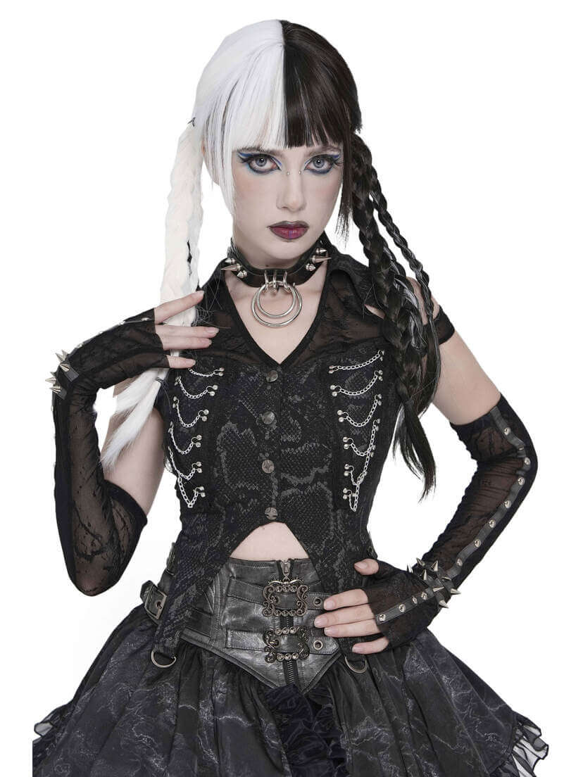 Ravenfall Chain Top Black Gothic chain top with lace sleeves, corset style front, and split black and white hair