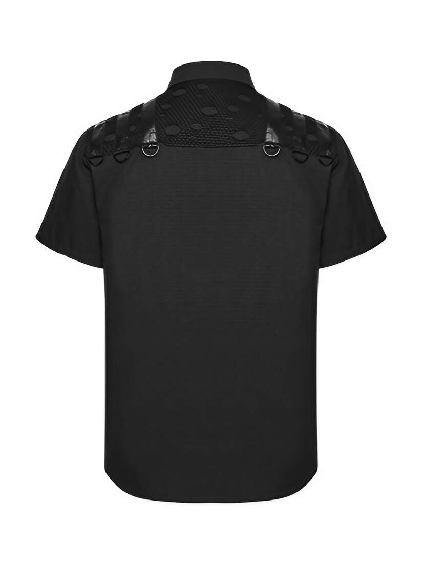 Reactor Men's Industrial Shirt Black men's industrial shirt shown from the back with short sleeves and shoulder ring details