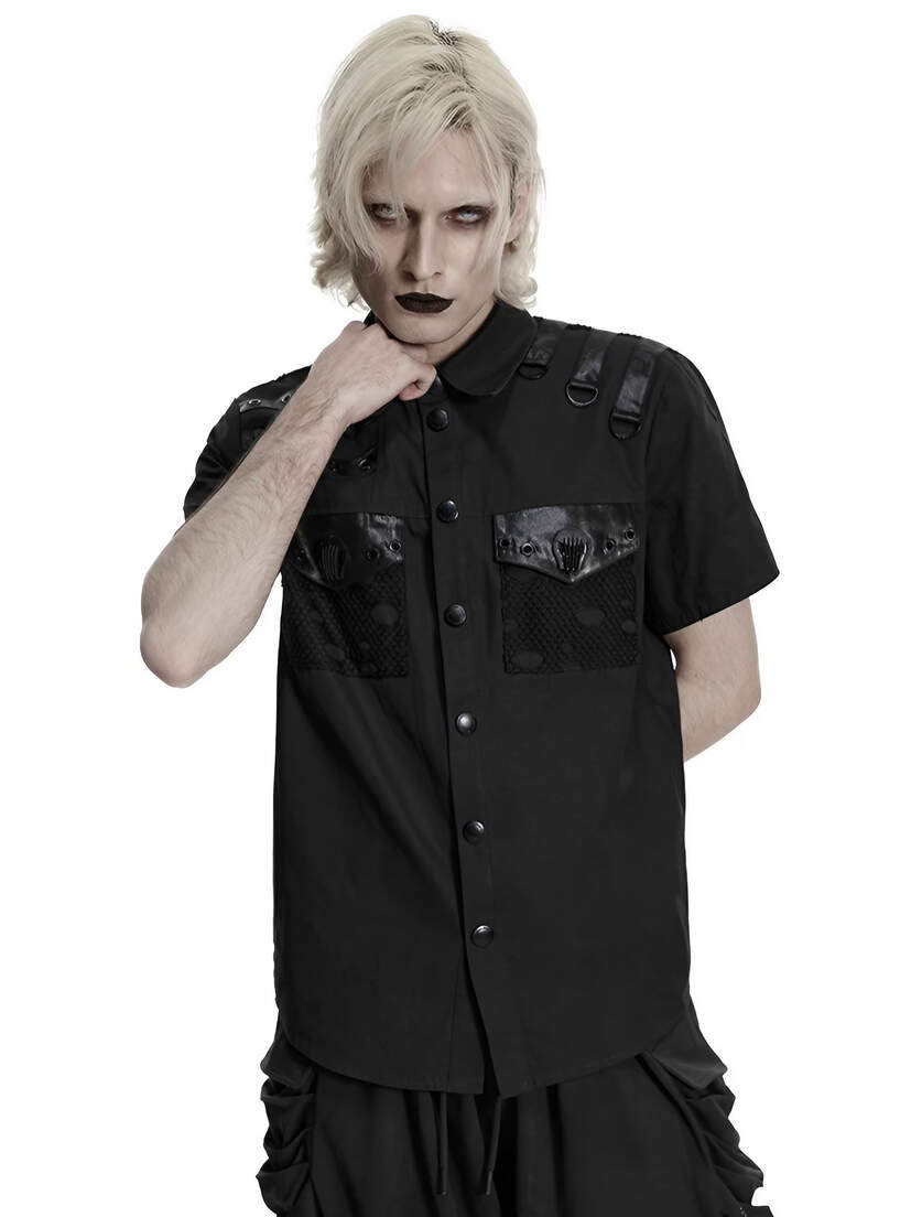 Reactor Men's Industrial Shirt Black short sleeve industrial shirt with snap buttons and chest flap pockets on a model