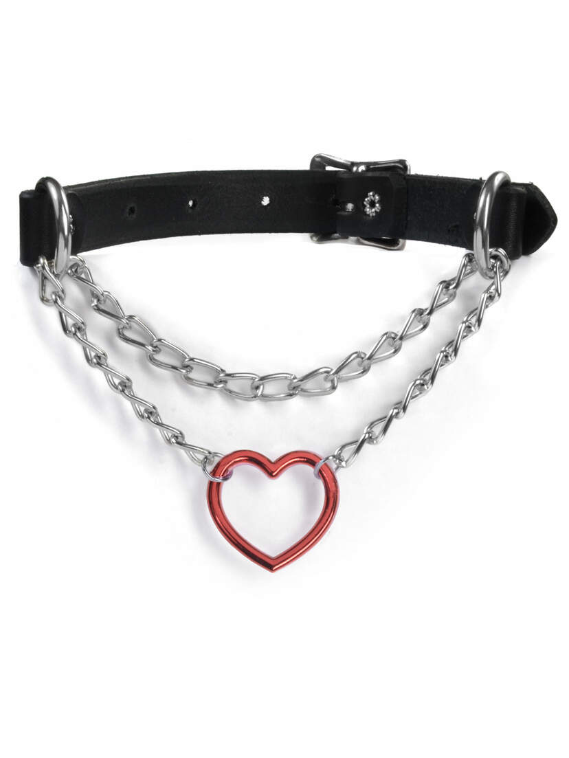 Leather Choker with Choke Chain and Red Heart