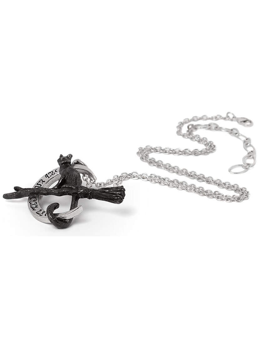 A silver chain necklace featuring a black cat riding a broomstick with a moon design.