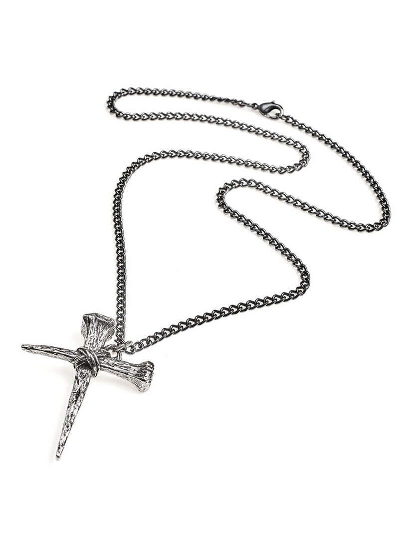 Silver resurrection pendant necklace on a black chain, featuring a detailed cross design.