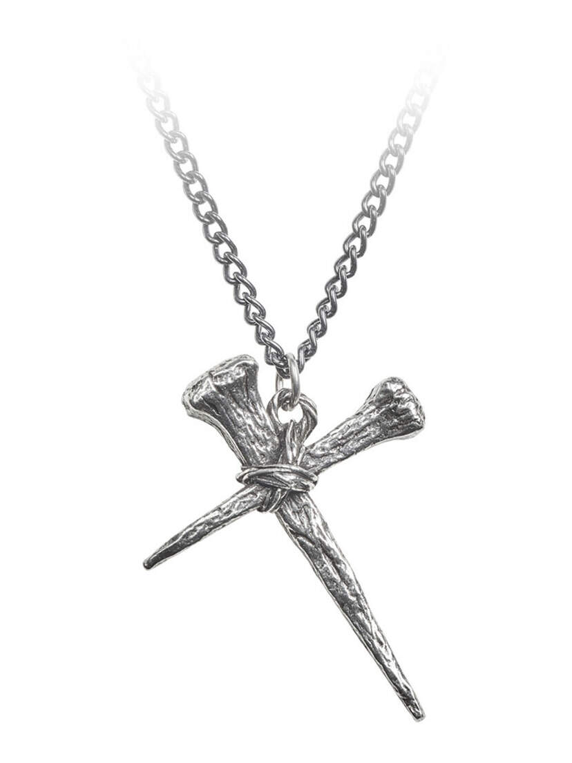 A silver pendant necklace featuring two crossed nails with a textured design.