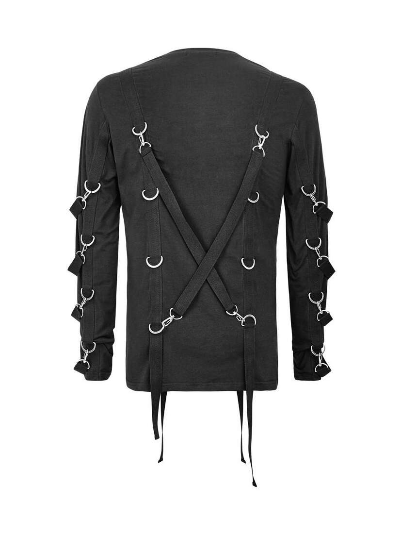 Back view of Rhain Shirt in black with crisscross straps, O-rings, and strap details on sleeves