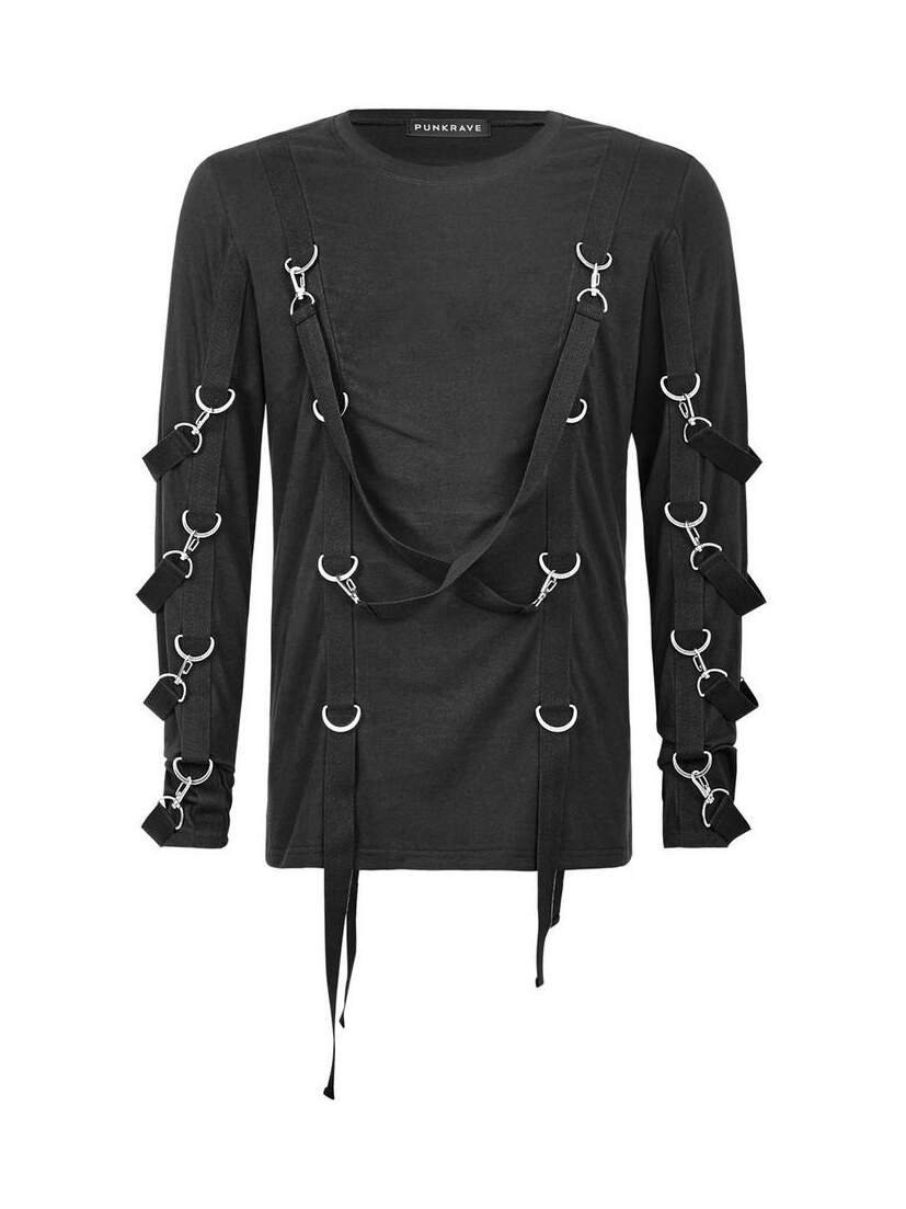 Rhain Shirt in black with long sleeves, silver O-rings, straps, and fabric loops on front and arms