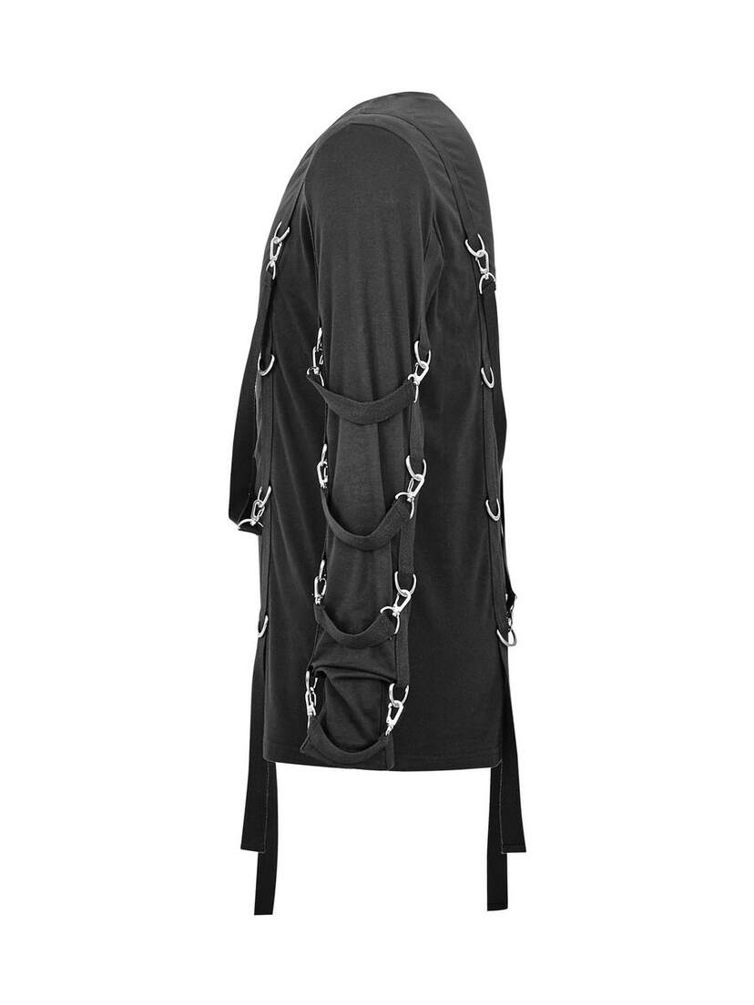 Left side view of Rhain Shirt in black with silver metal rings and strap details along the sleeves