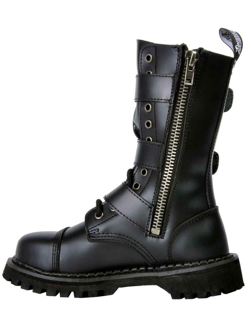 Left side view of RIOT-12 black leather boots with front lacing, straps, and side zipper