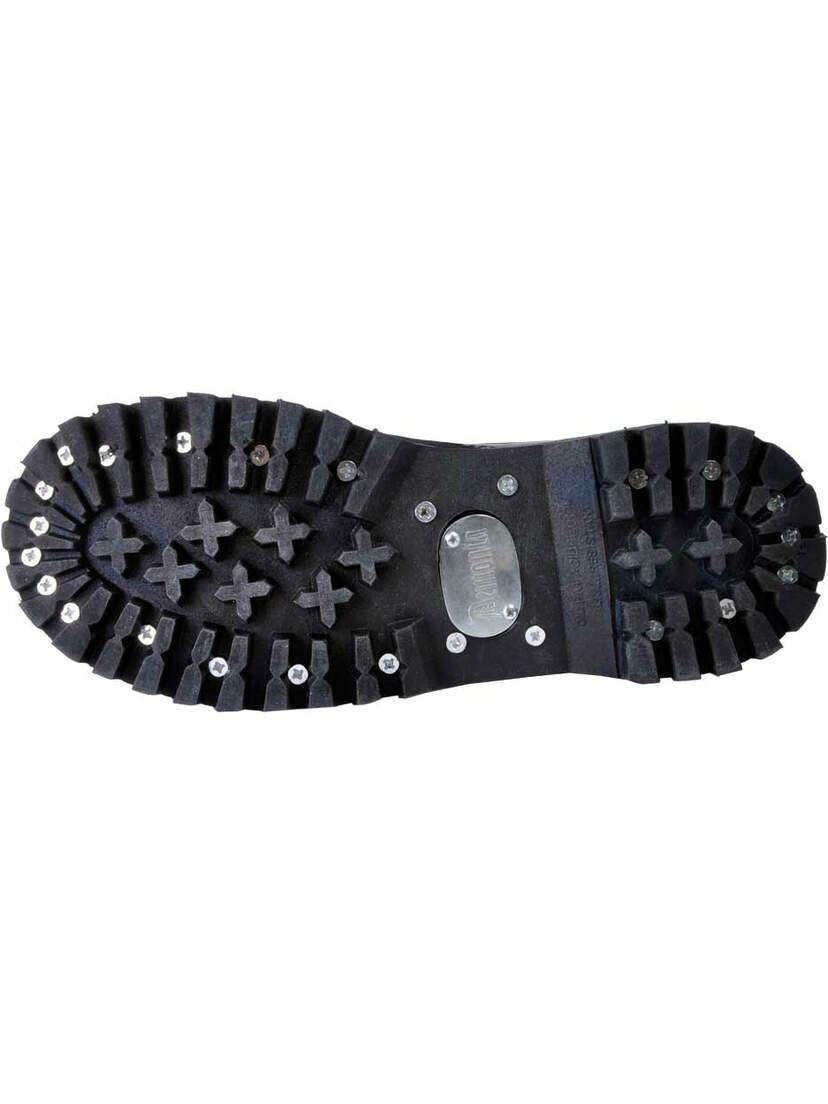 RIOT-20 Black Leather Boots rugged sole with deep tread, metal studs, and central metal plate