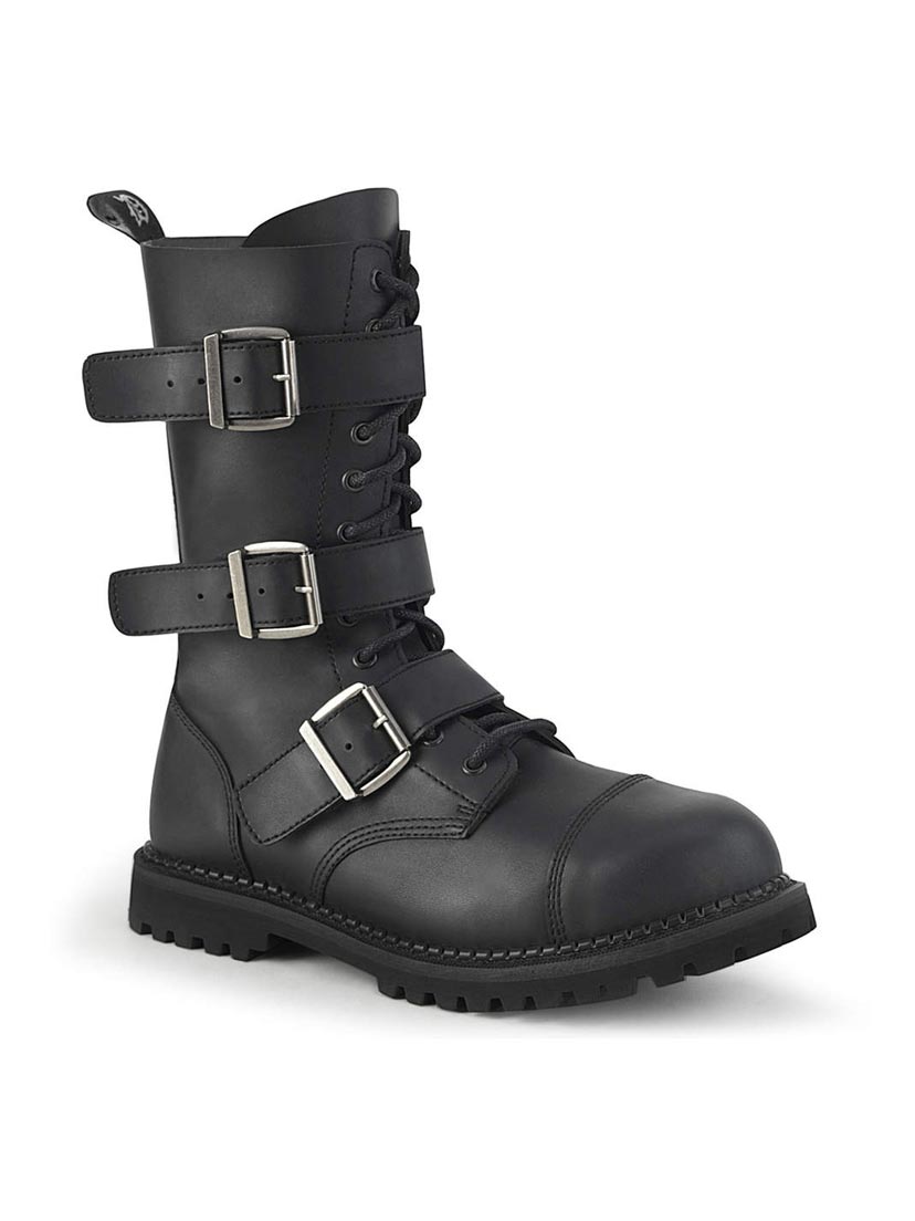 thumbnail image 2 of Demonia Riot-18BK Men's Black Leather Punk Combat Steel Toe Knee High Boots 2 of 6