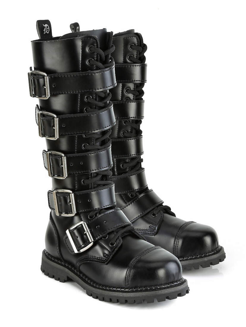 Demonia Riot 18 Men's Steel Toe Combat Boots - Black Leather, Gothic Biker Style
