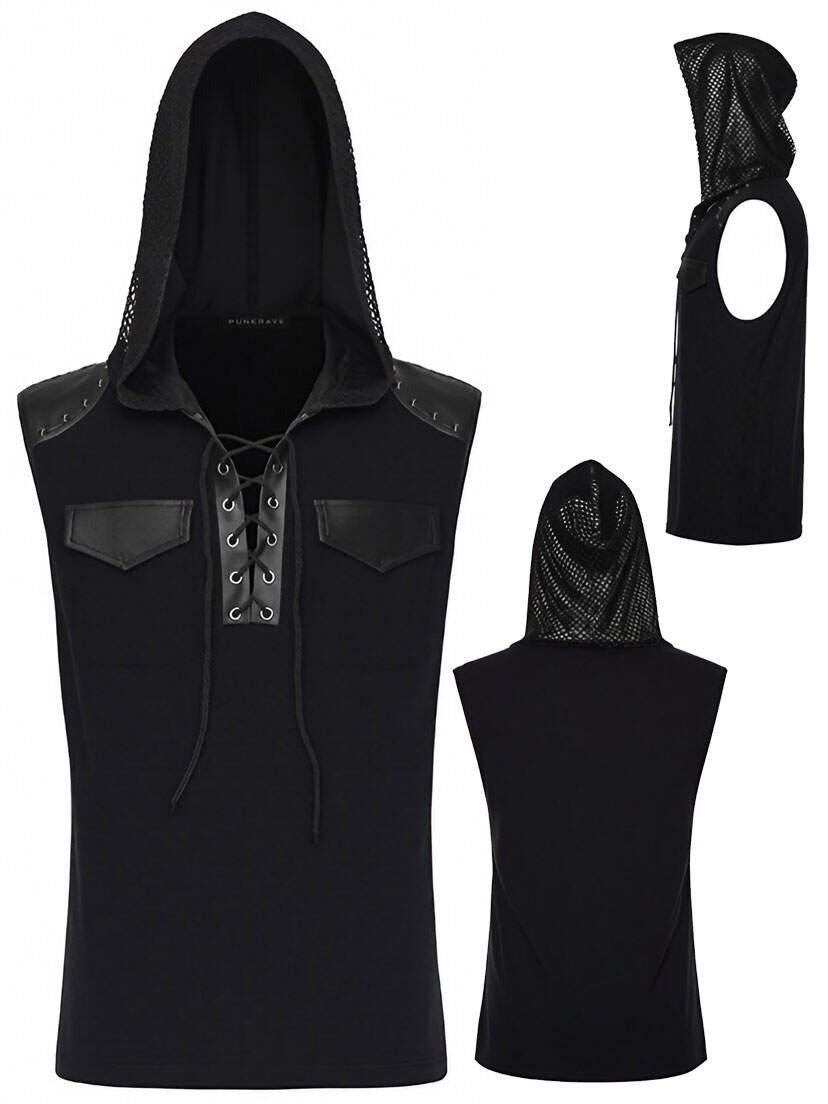 Ritual Mens Hooded Sleeveless Shirt Black hooded sleeveless shirt with lace-up front and side cutouts, shown front and back
