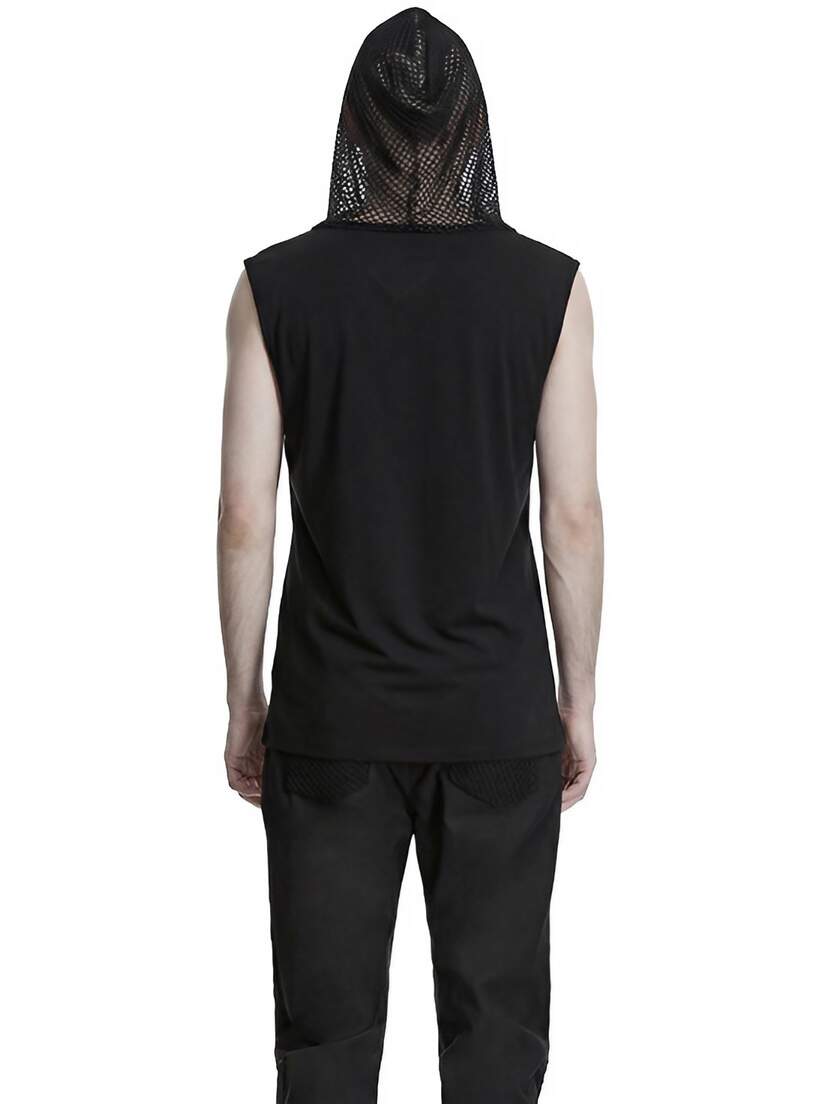 Ritual Mens Hooded Sleeveless Shirt Back view of black sleeveless hooded shirt worn with black pants