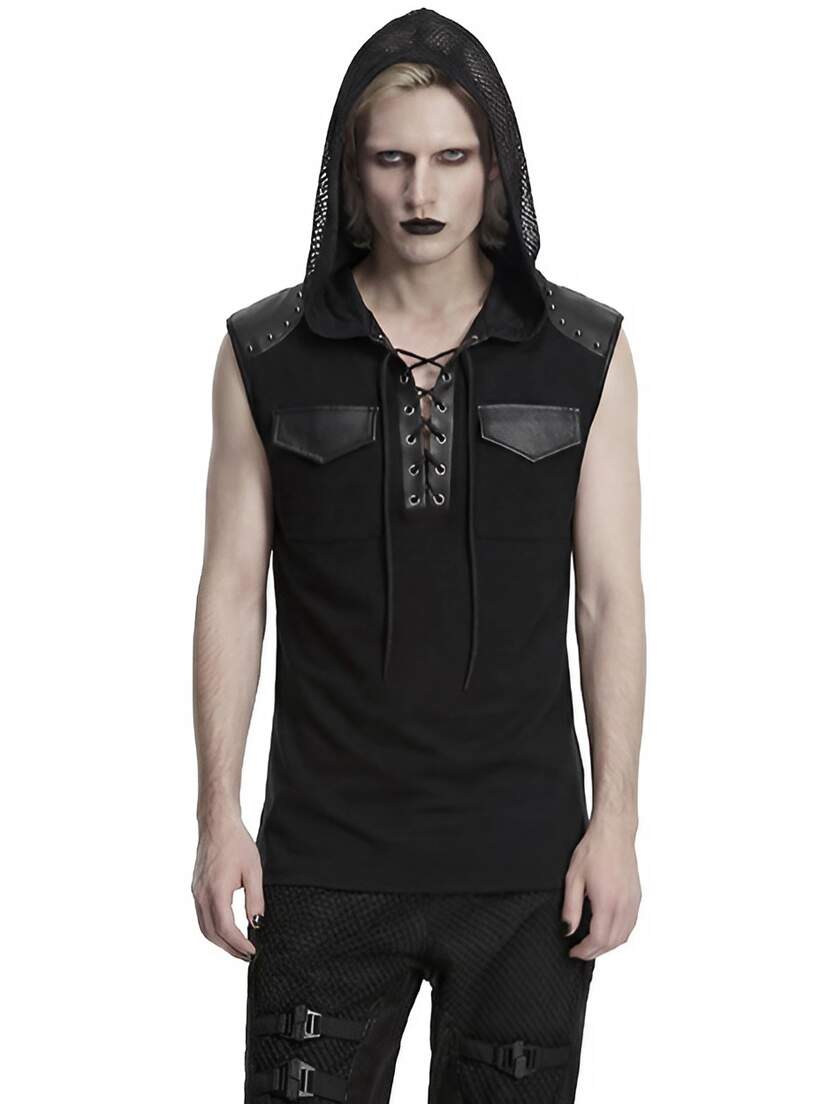 Ritual Mens Hooded Sleeveless Shirt Black sleeveless hooded shirt with front zipper and chest pockets, worn by a model