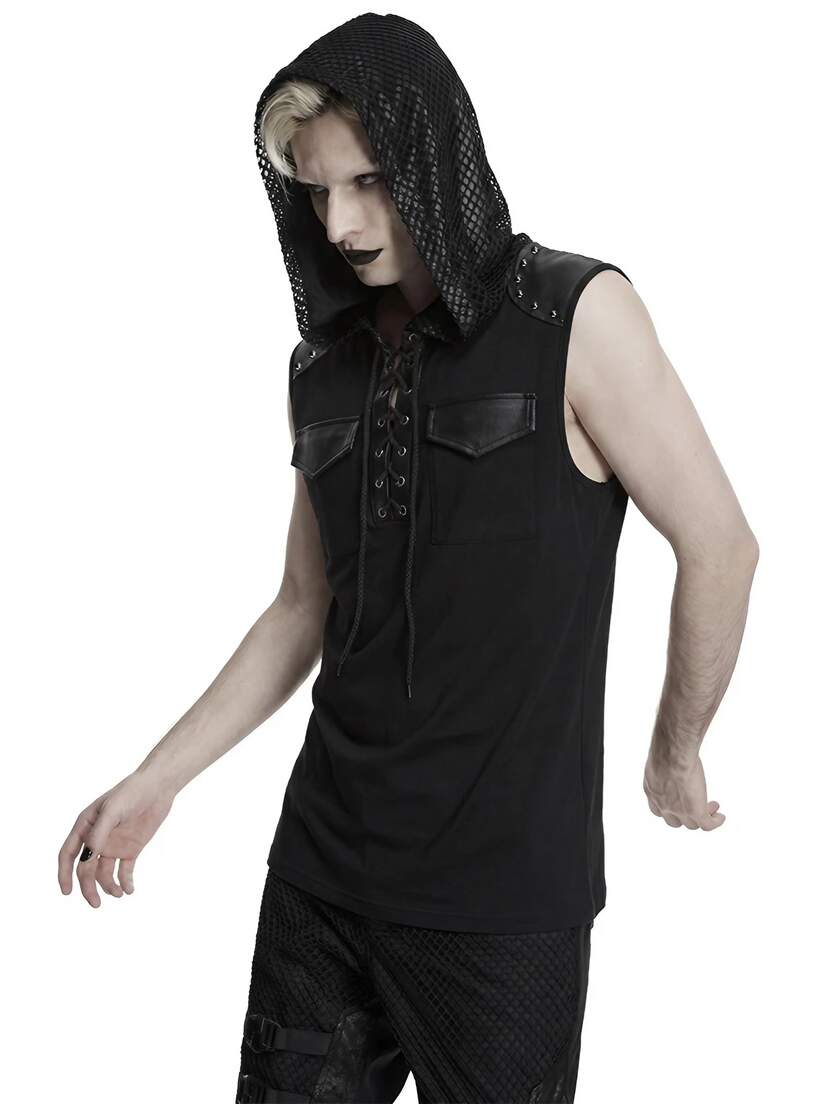 Ritual Mens Hooded Sleeveless Shirt Man wearing a black hooded sleeveless shirt and dark pants on a white background