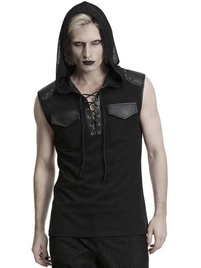 Ritual Mens Hooded Sleeveless Shirt Man wearing a black hooded sleeveless shirt with lace-up front and gray chest panels