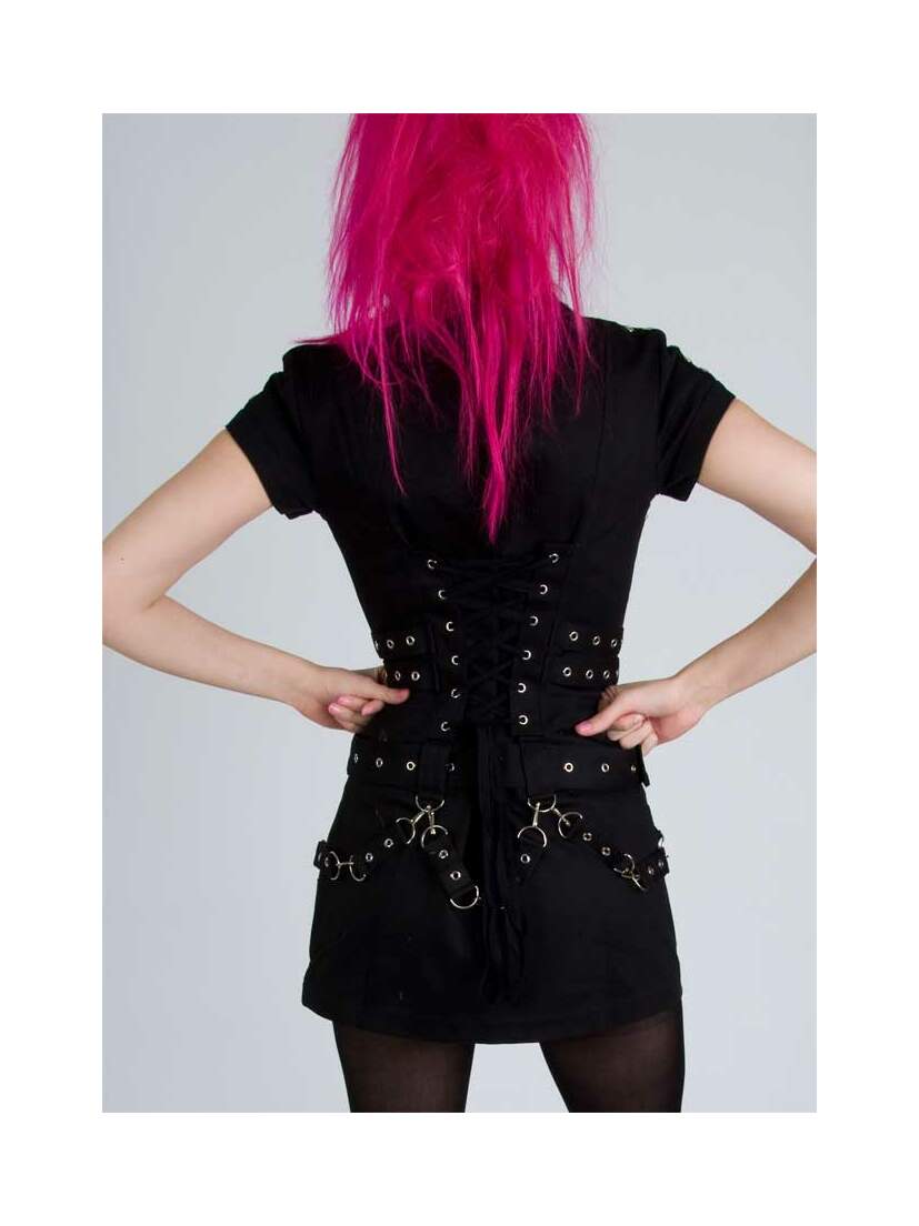 Back view of Rocka Zip Black Dress with corset lacing, grommets, and O-ring strap details