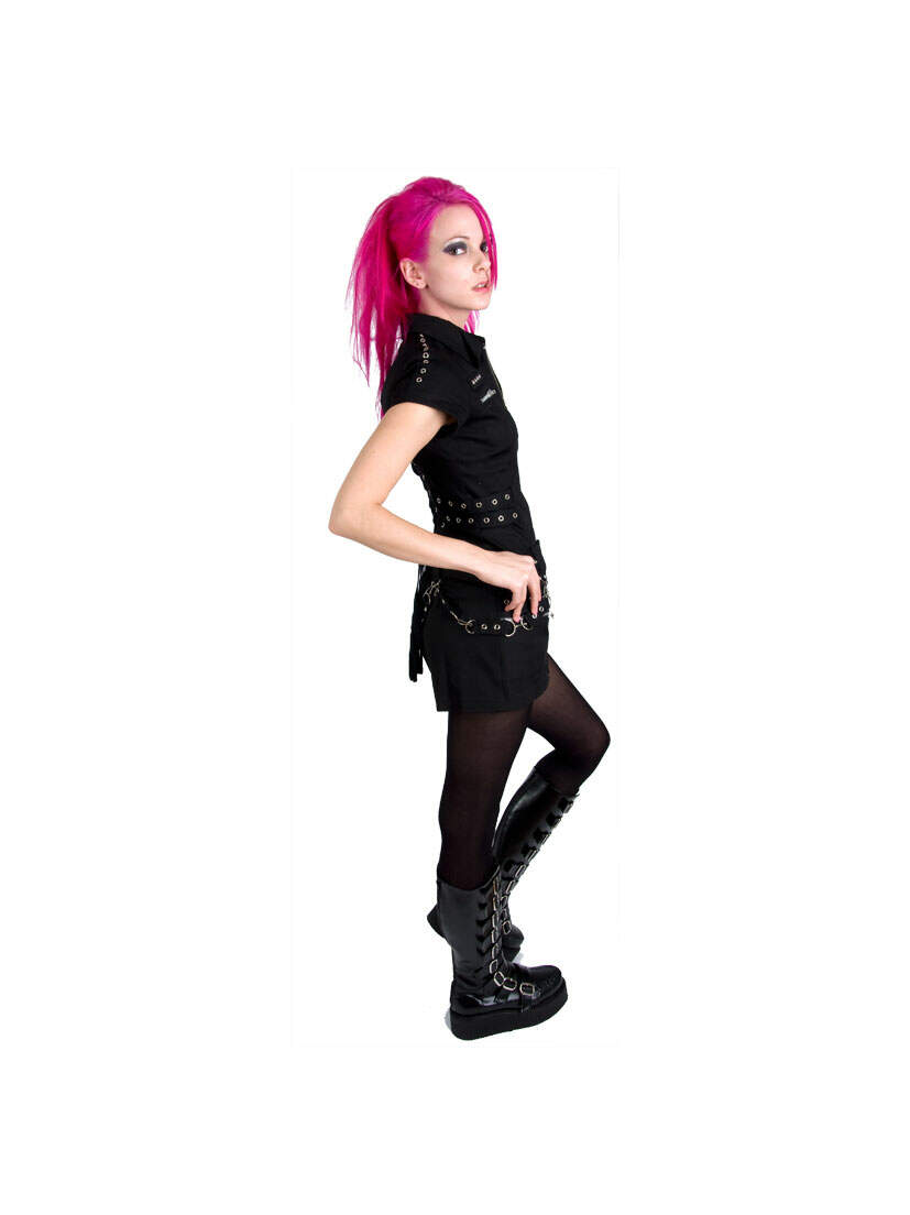 Side view of Rocka Zip Black Dress with short sleeves, zip front, silver grommet belt, and mini length