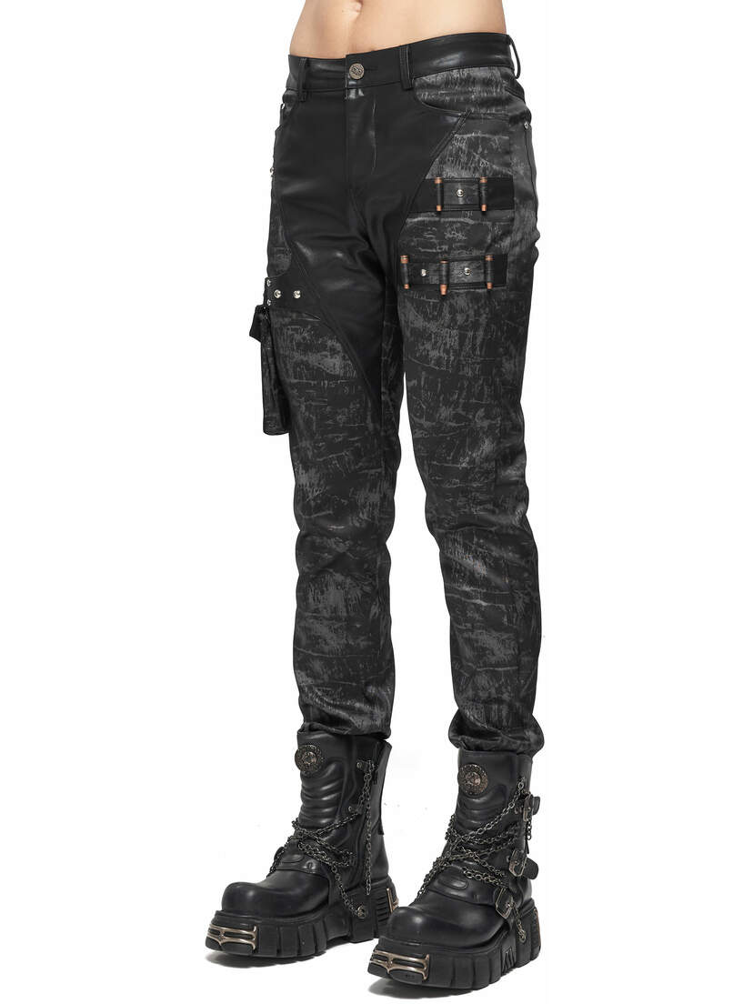 Front view of Shadow Infantry Pants in black with a distressed camouflage pattern, cargo pockets, and belt loops
