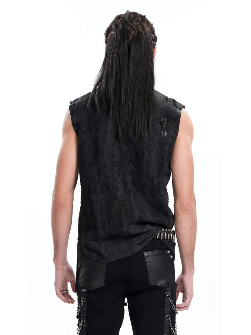 Shadow Piercer Button-up Vest Back view of a black sleeveless button-up vest worn by a person with long hair.