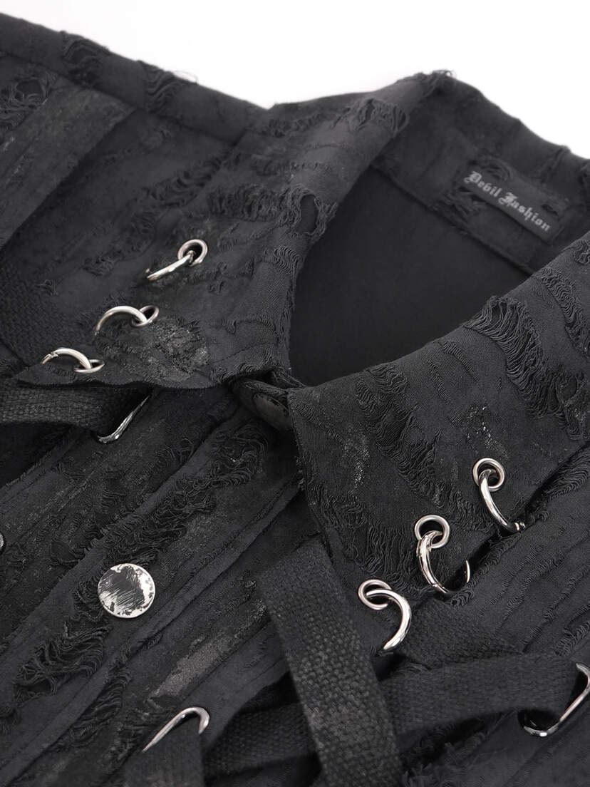 Shadow Piercer Button-up Vest Close-up of a black button-up vest featuring lace detailing and silver hardware accents.