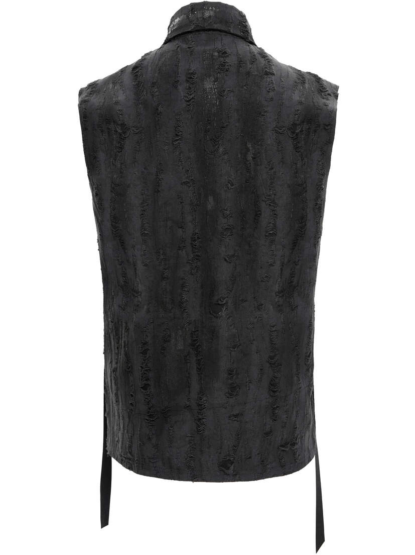 Shadow Piercer Button-up Vest Back view of a black button-up vest with a textured pattern and side ties.
