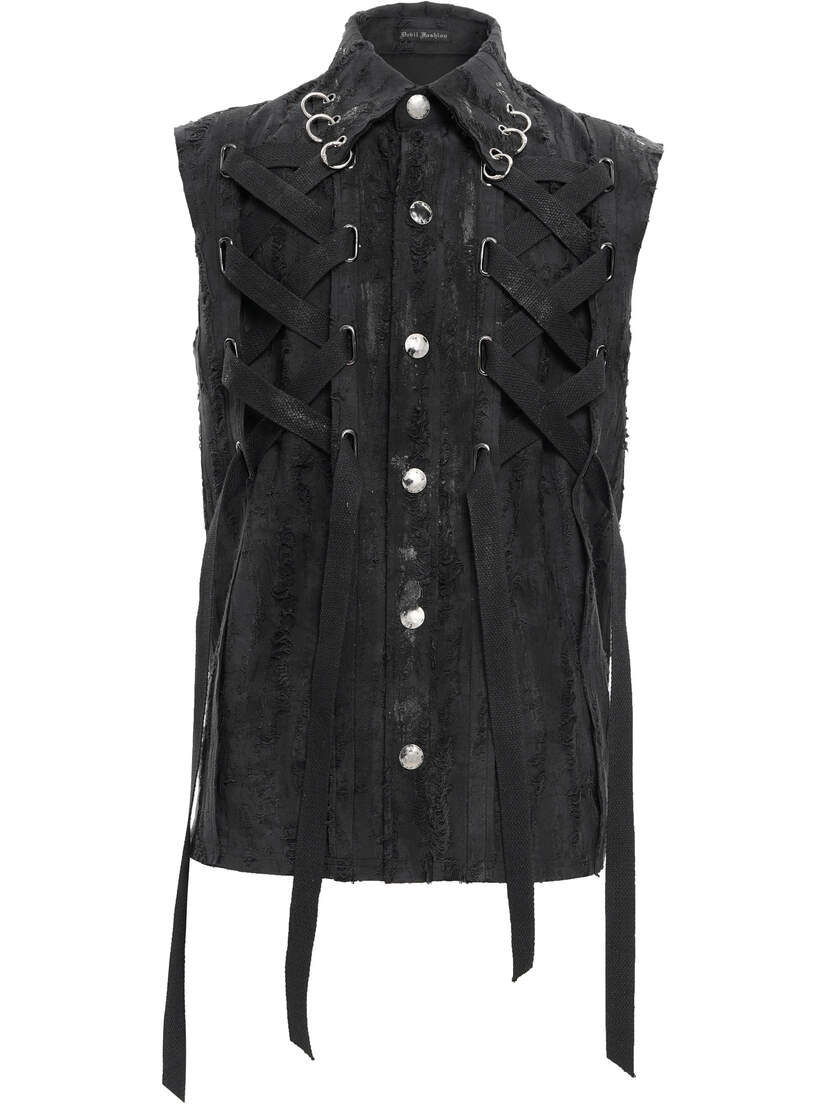 Shadow Piercer Button-up Vest Black button-up vest with lace-up details and silver hardware, featuring a sleeveless design.