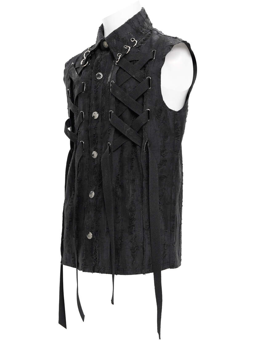 Shadow Piercer Button-up Vest Black button-up vest with a sleeveless design and decorative lacing on the front.
