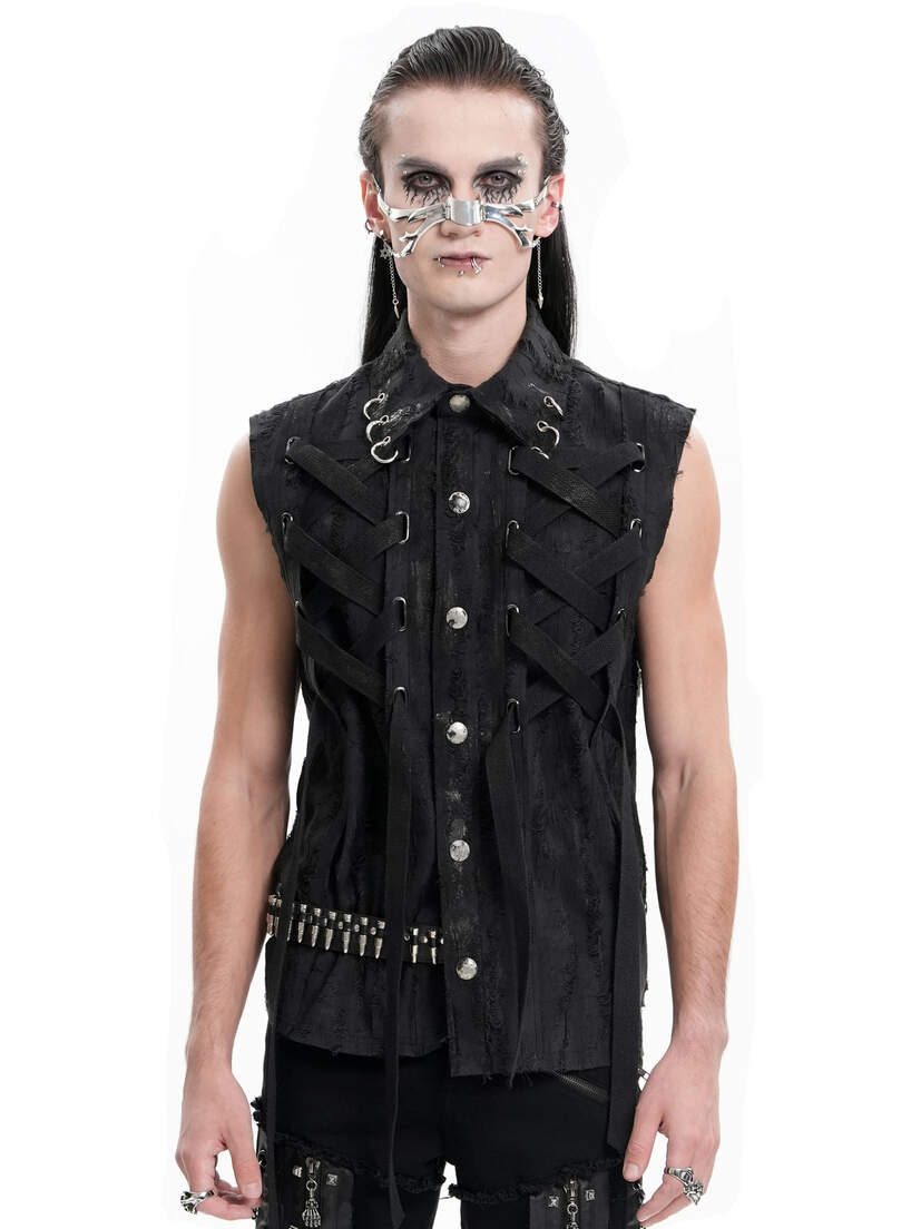 Shadow Piercer Button-up Vest A model wearing a black button-up vest with decorative details and a sleeveless design.