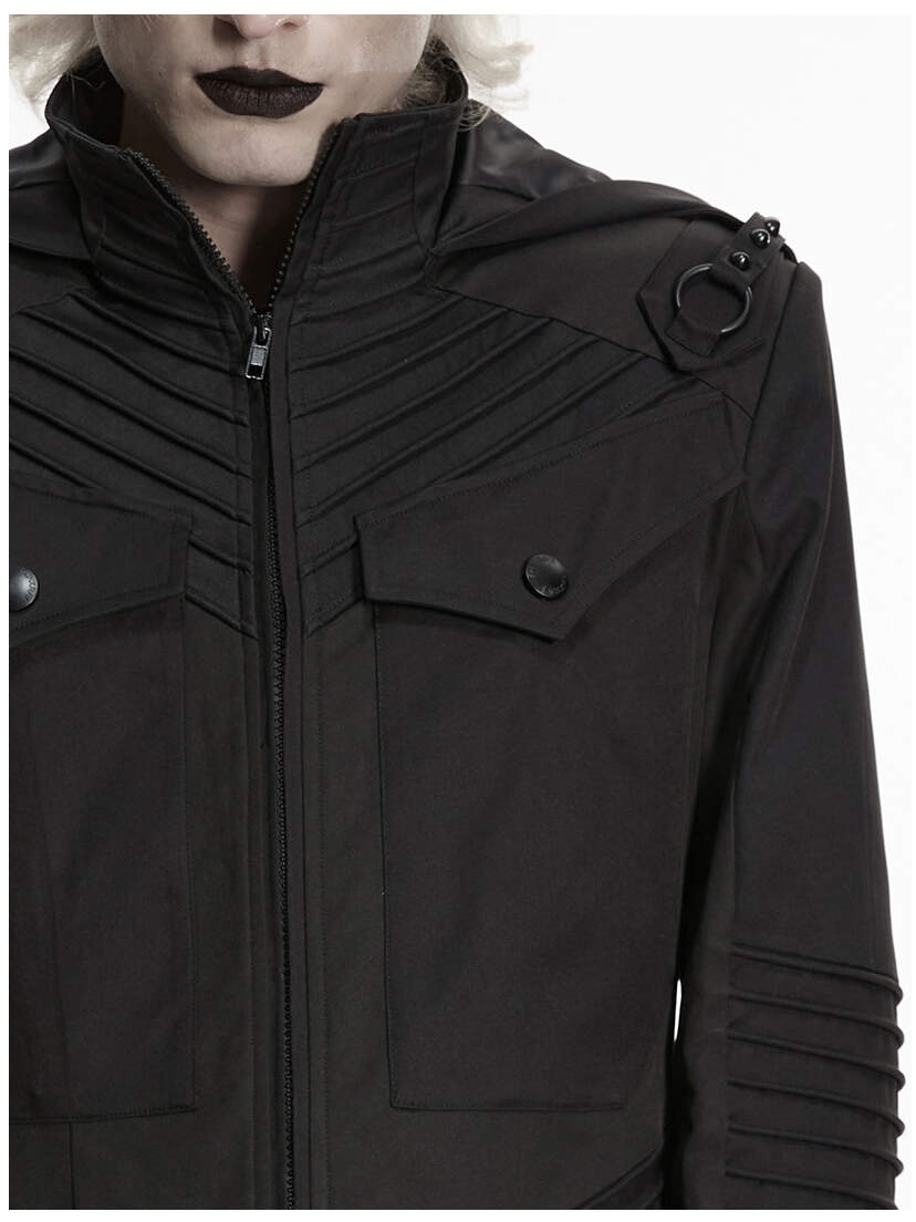 Shadow Ranger Men's Hooded Coat Black hooded coat with zip front, chest pocket, ribbed sleeve panels, and button details