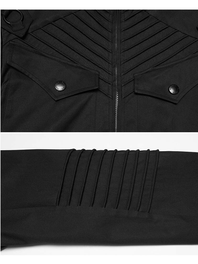 Shadow Ranger Men's Hooded Coat Black hooded coat detail with snap flap pockets and vertical stitched pleats