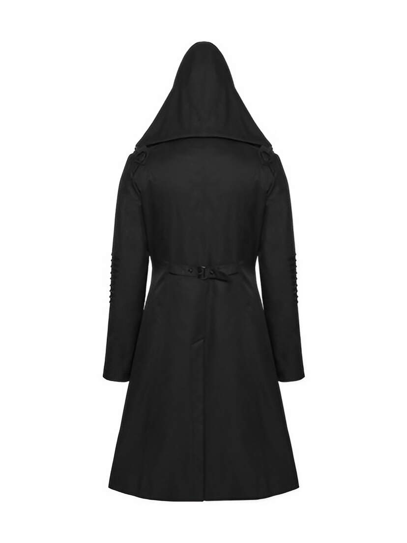 Shadow Ranger Men's Hooded Coat Black hooded men's coat shown from the back with long sleeves and waist tie