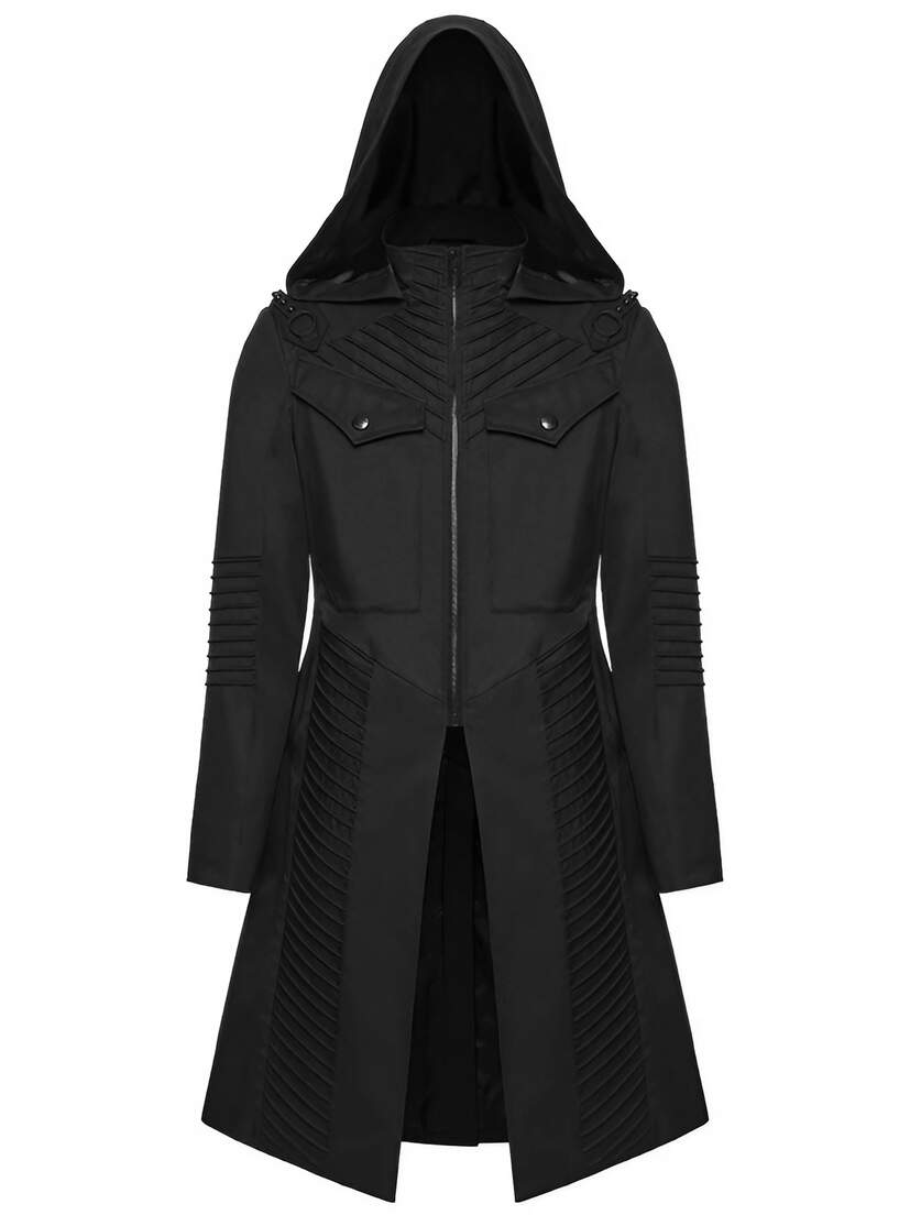 Shadow Ranger Men's Hooded Coat Black hooded men's coat with front zip, chest pockets, ribbed shoulders, and flared hem
