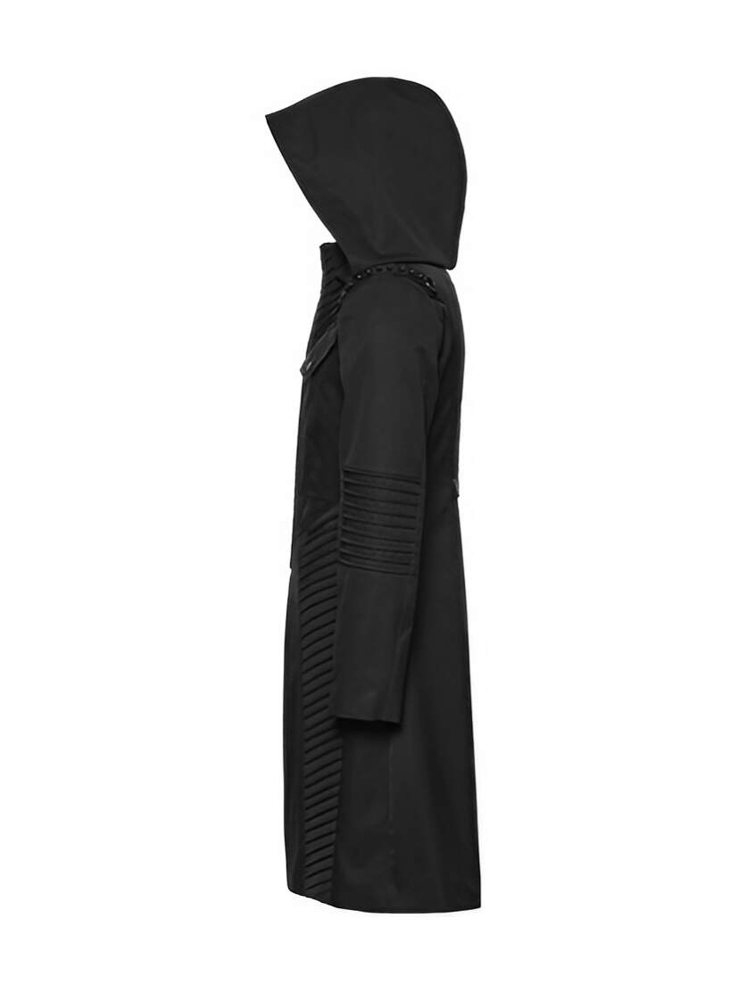 Shadow Ranger Men's Hooded Coat Black hooded men's coat with long sleeves and ribbed side panels, shown in side view