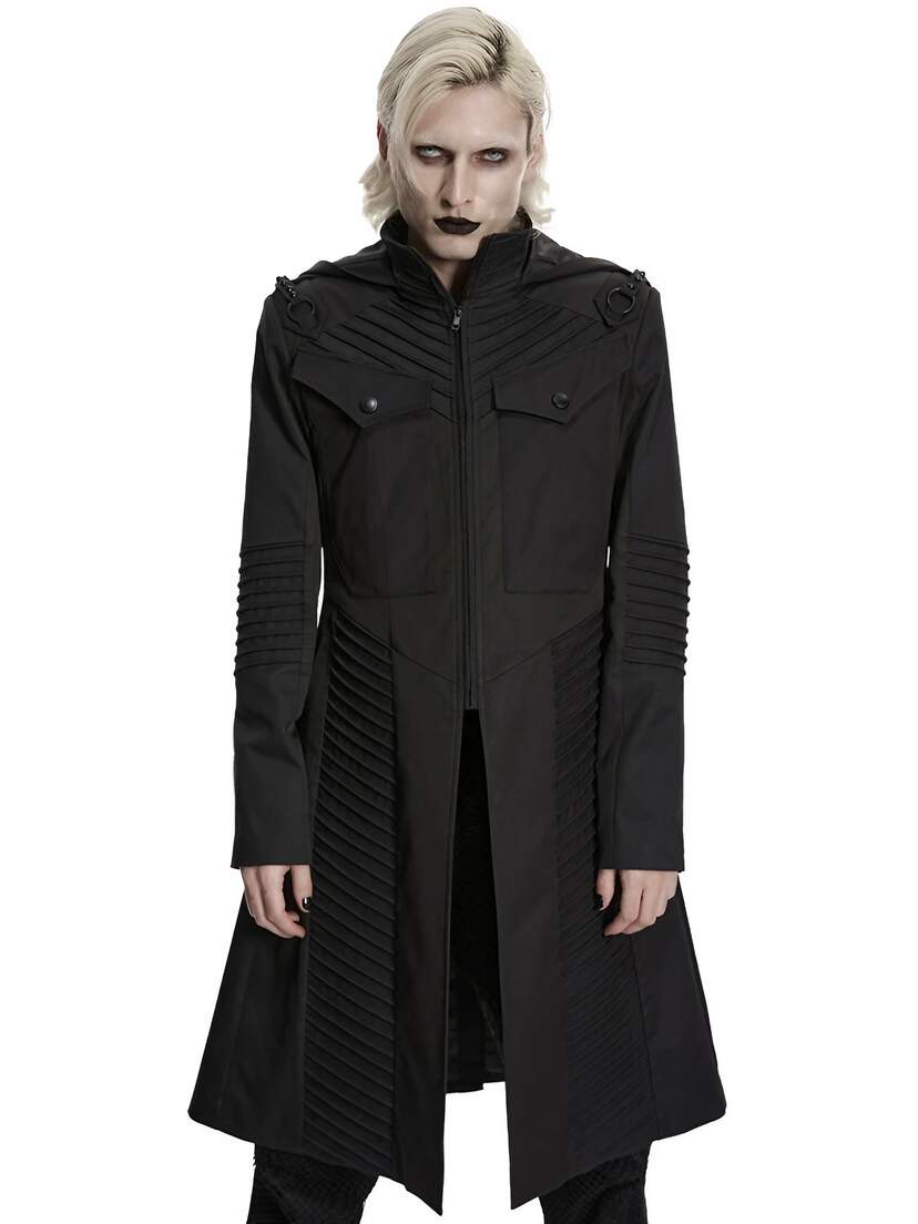 Shadow Ranger Men's Hooded Coat Men's black hooded coat with long front panels and buttoned chest pockets.