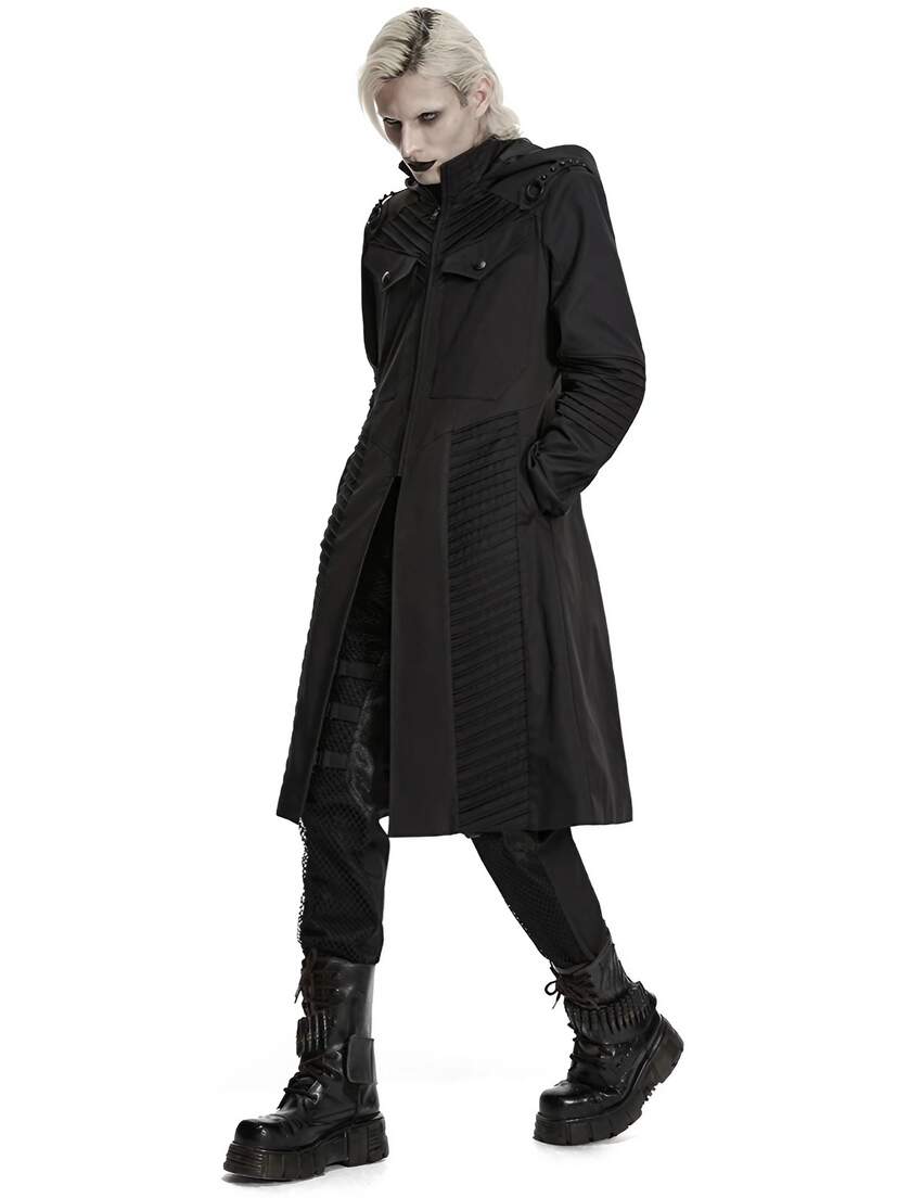 Shadow Ranger Men's Hooded Coat Black hooded long coat worn with black boots on a model, side view