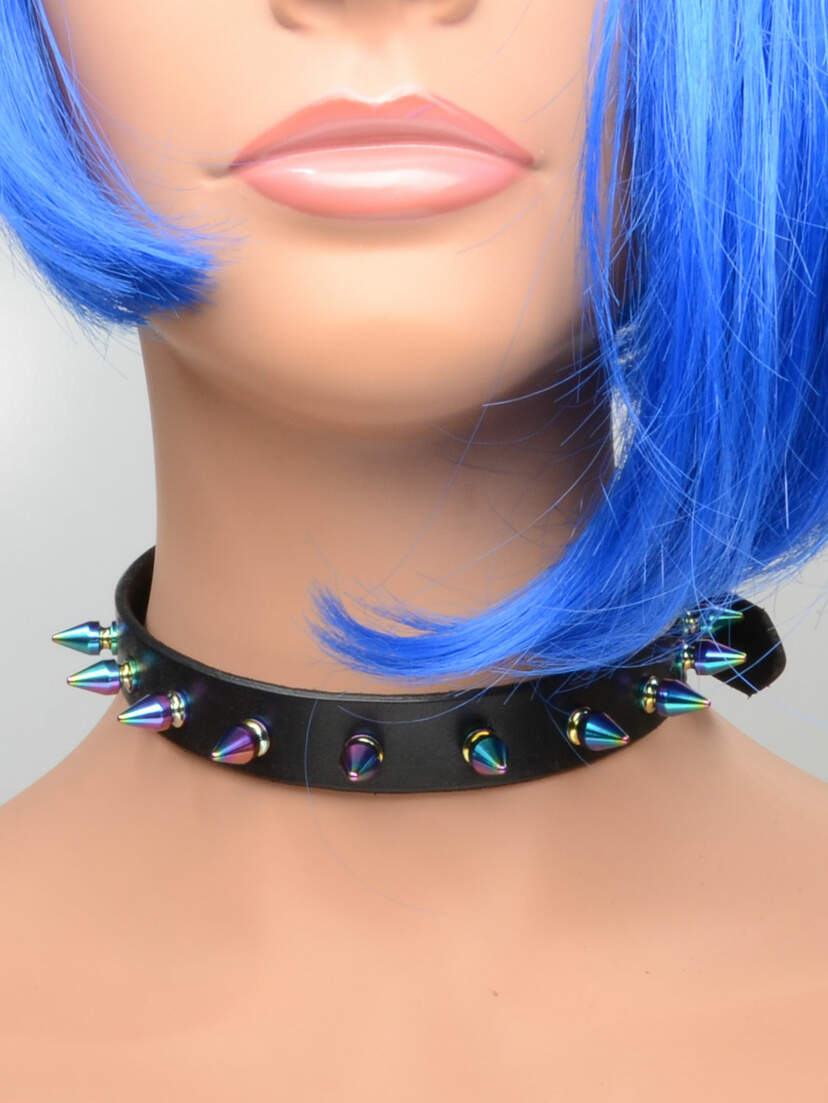 Leather choker with small multi colored spikes