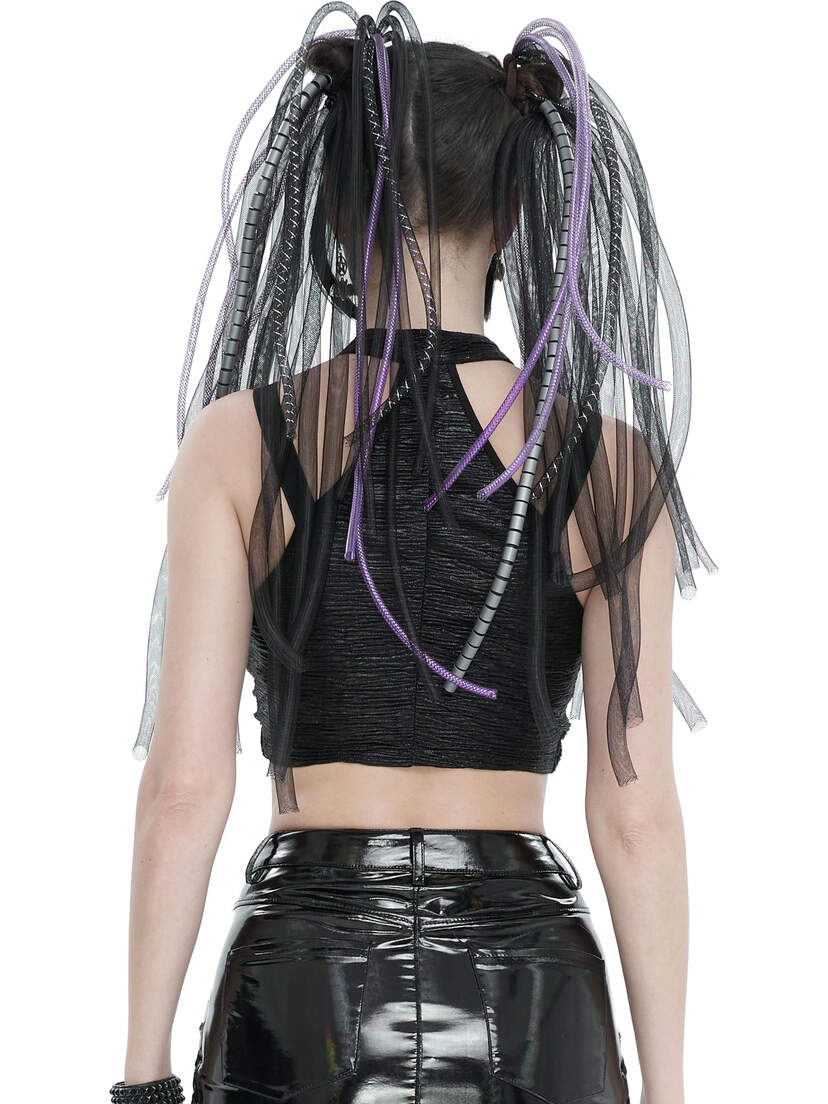 Violet Top - Women’s Gothic Pentagram Shirt Back view of a woman wearing a black cropped top with purple accents and long, colorful hair extensions.
