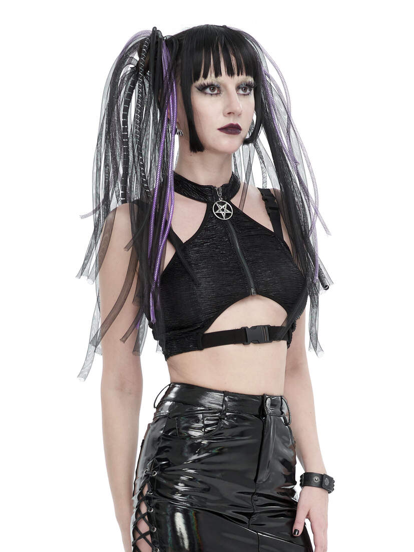Violet Top - Women’s Gothic Pentagram Shirt A woman wearing a black Gothic pentagram shirt with cutouts and a choker, styled with long hair.
