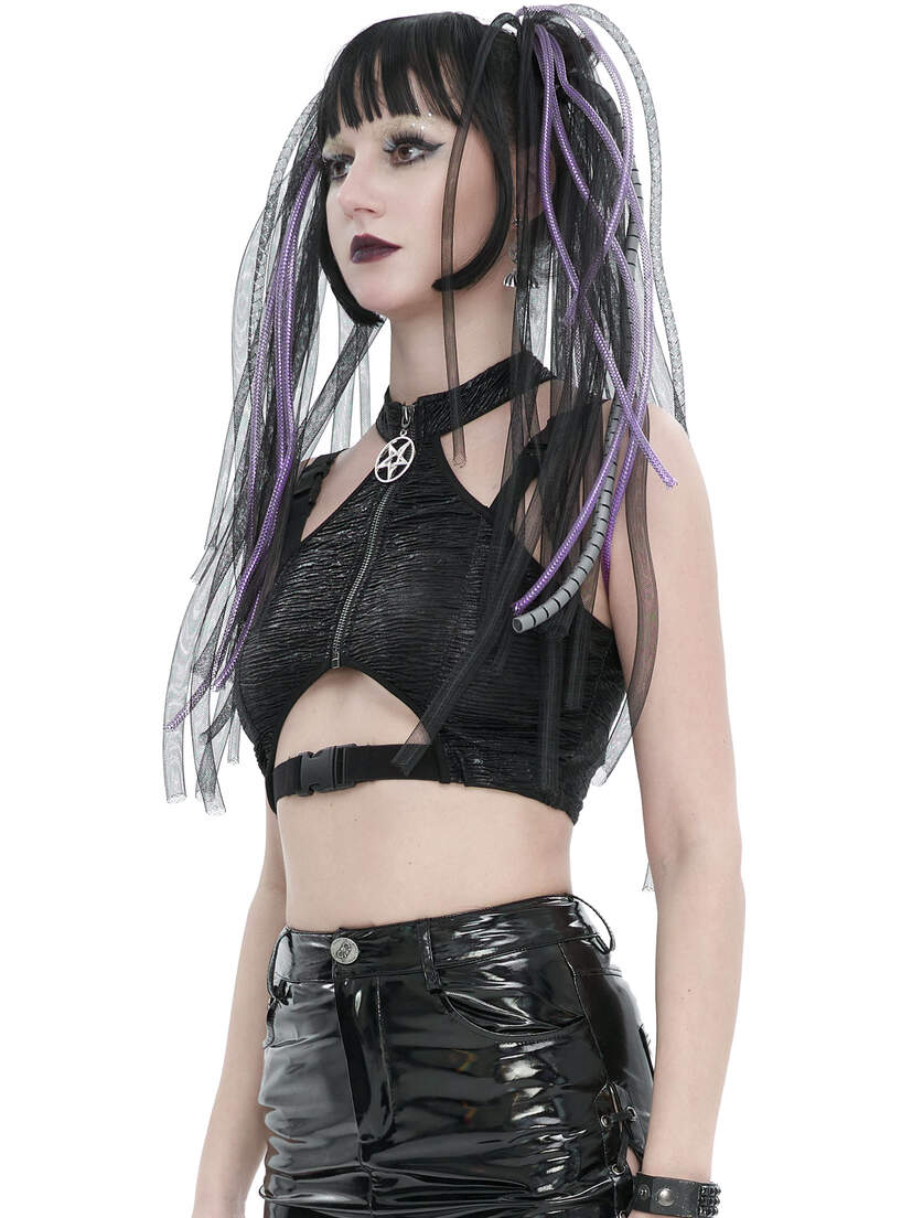 Violet Top - Women’s Gothic Pentagram Shirt A woman wearing a black gothic pentagram shirt with a cutout design and long hair with purple highlights.