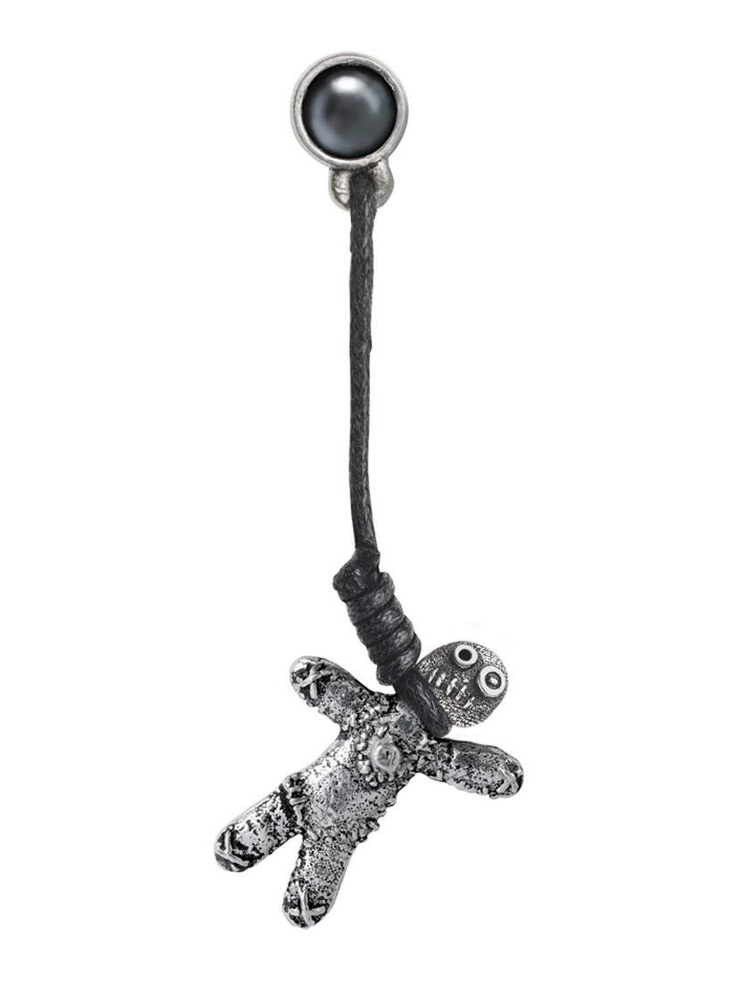 Voodoo doll earring featuring a small doll hanging from a black cord with a round stud at the top.