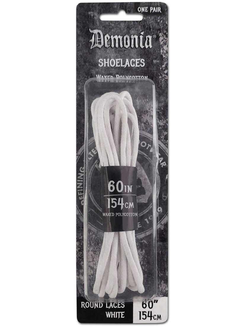 White Demonia Boot & Shoe Laces (60, 102, 150 Inches) White Demonia shoelaces in a package, featuring 60-inch length and round design.