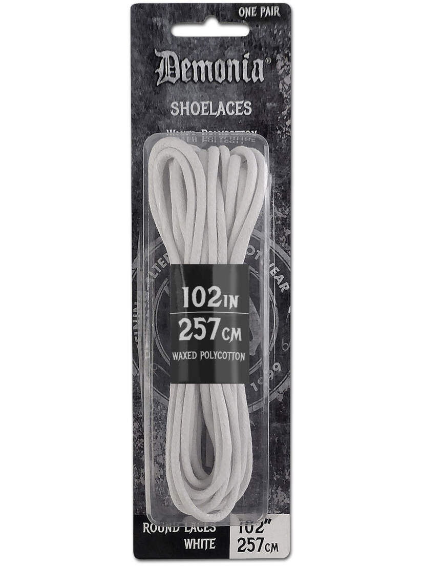 White Demonia Boot & Shoe Laces (60, 102, 150 Inches) White Demonia shoelaces packaged, measuring 102 inches or 257 centimeters in length.