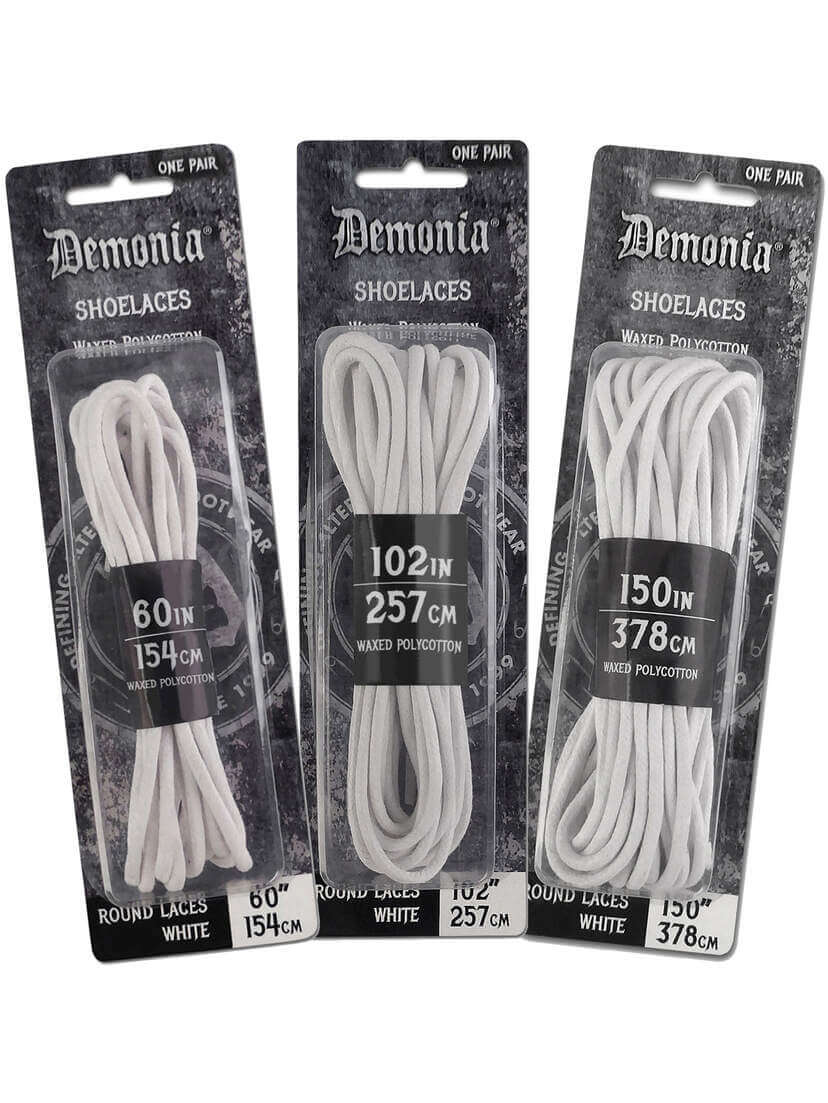 White Demonia Boot & Shoe Laces (60, 102, 150 Inches) Three packs of white Demonia shoe laces in lengths of 60, 102, and 150 inches.