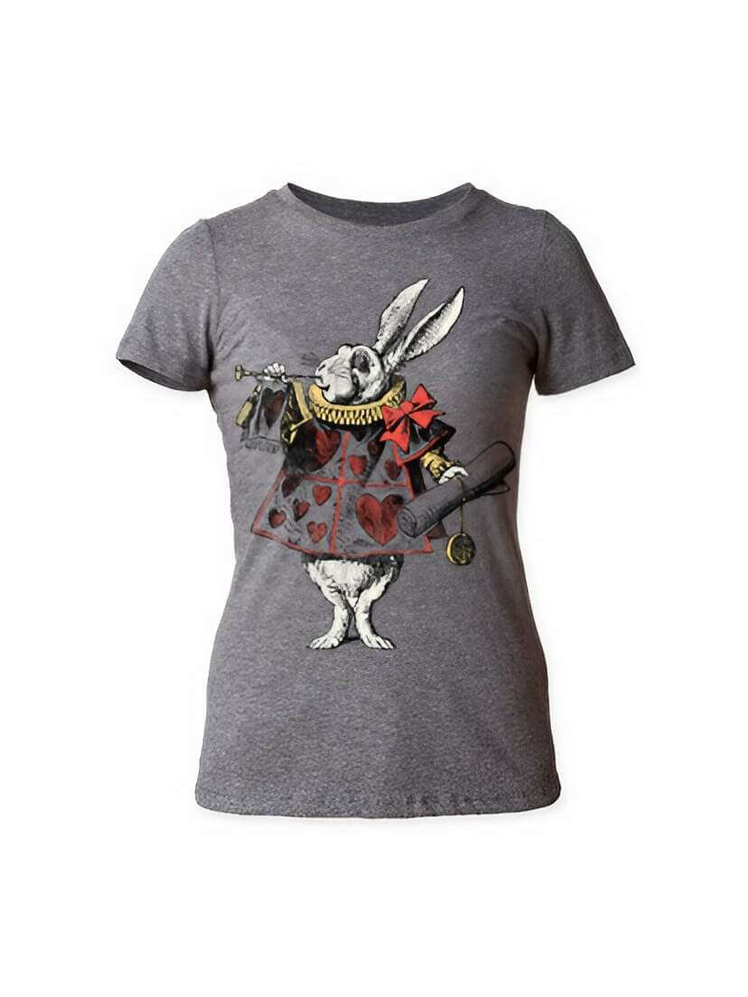 Front view of a gray T-shirt featuring a white rabbit wearing a red scarf and gold chain