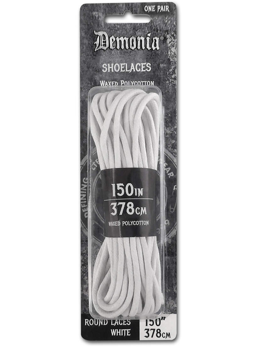 White Demonia Boot & Shoe Laces (60, 102, 150 Inches) White Demonia shoelaces packaged, measuring 150 inches, suitable for various footwear styles.