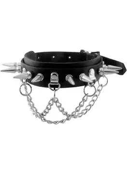 Close-up of a black choker with large spikes, silver chain accents, and metal hardware details