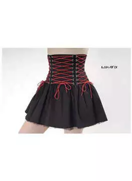 Front view of Attitude Punk Corset Skirt Canvas with black fabric, red lacing, and gathered hem